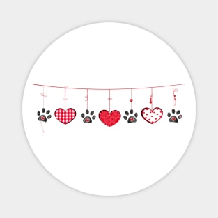 Black paw prints with hanging retro beautiful hearts Magnet